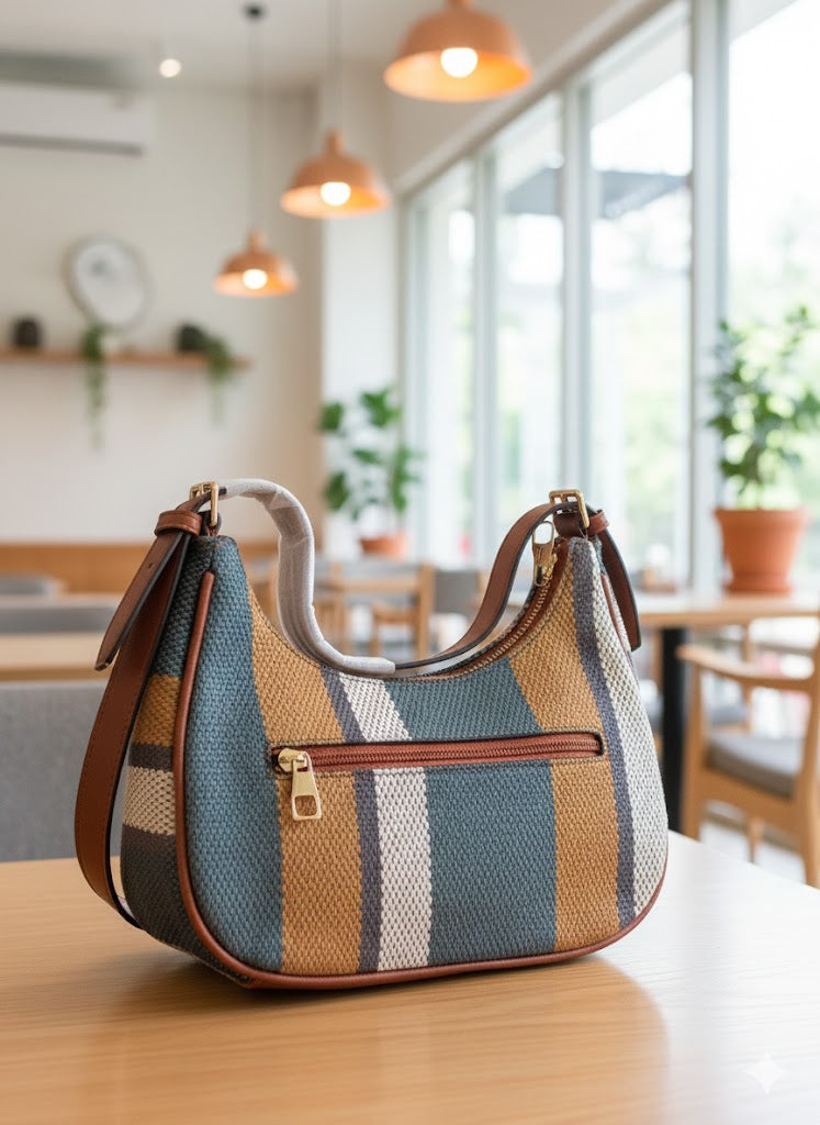 ShivAura Striped Woven Shoulder Bag for Women – Stylish Mini Hobo Handbag with Front Zip Pocket & Premium Finish