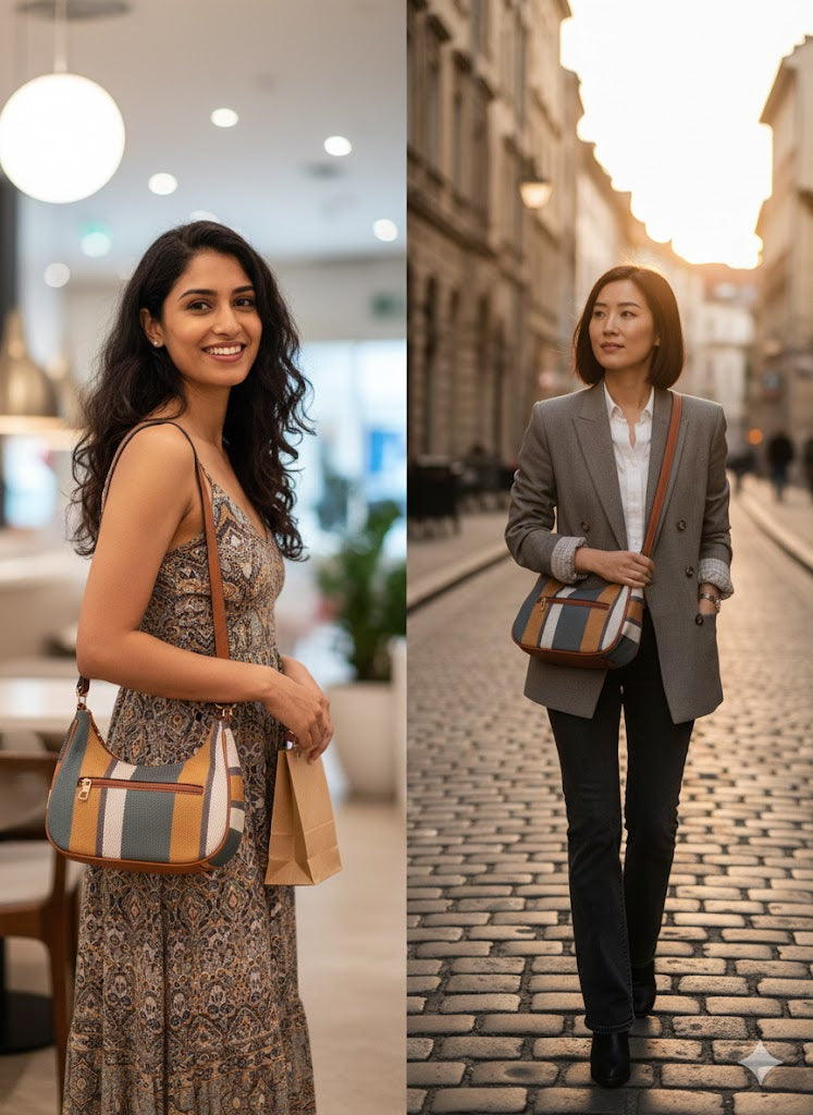 ShivAura Striped Woven Shoulder Bag for Women – Stylish Mini Hobo Handbag with Front Zip Pocket & Premium Finish
