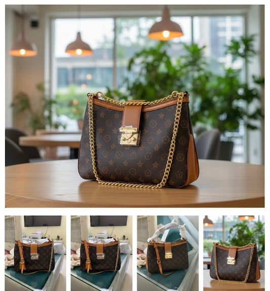 Premium Monogram Lock Shoulder Bag for Women – Elegant Structured Handbag with Gold Lock Detail