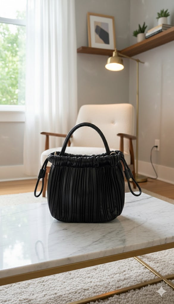 ShivAura Elegant Pleated Drawstring Handbag for Women | Stylish Black Top Handle Bag