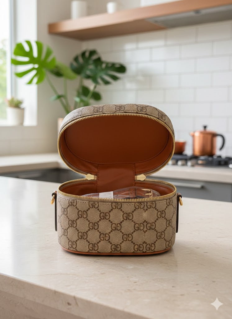 ShivAura Monogram Vanity Box Handbag for Women | Dual Zip Structured Mini Top Handle Bag