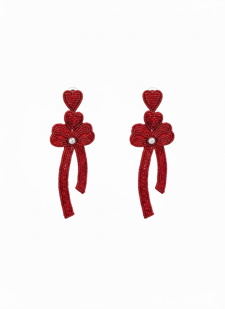 Handcrafted Crimson Heart-Top Beaded Bow Stud Earrings