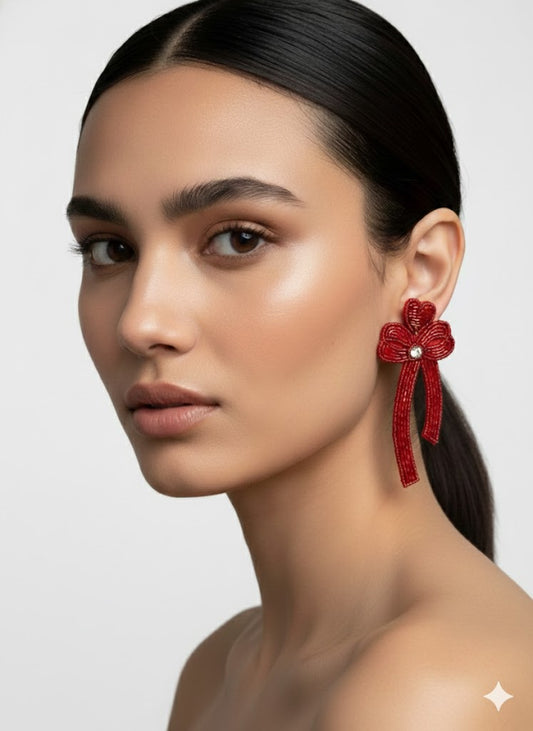 Handcrafted Crimson Heart-Top Beaded Bow Stud Earrings