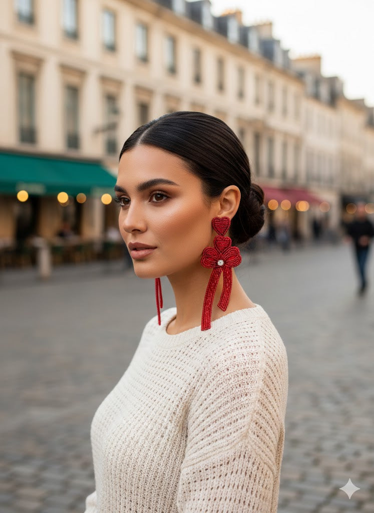 Handcrafted Crimson Heart-Top Beaded Bow Stud Earrings