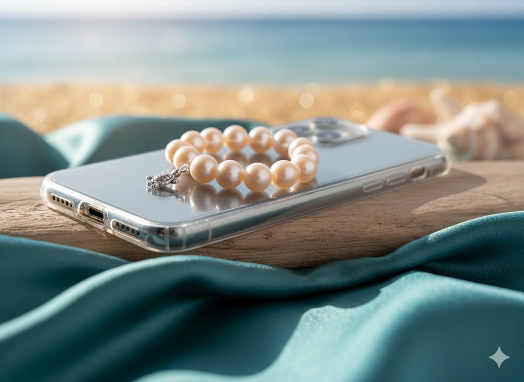 Artisan Shell-Pink Pearl Phone Charm with Silver Turtle Accent