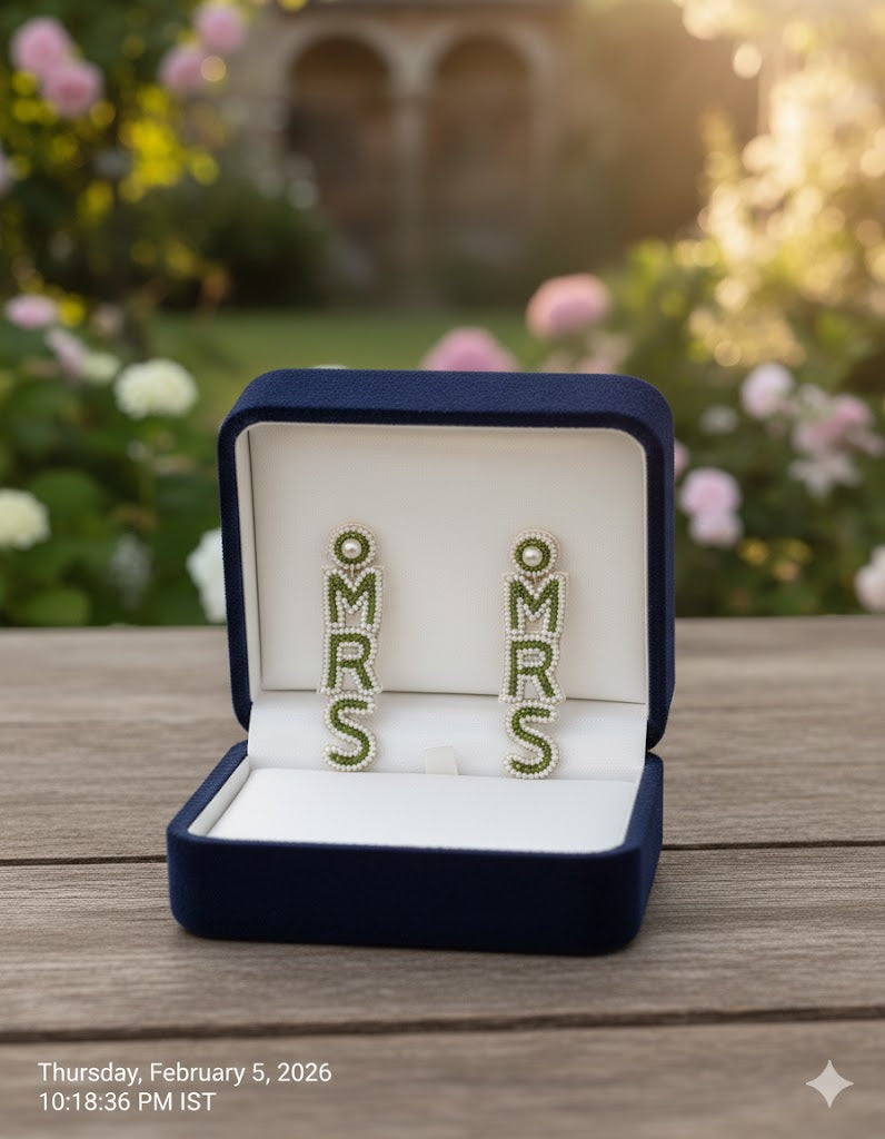 Hand-Beaded "MRS" Bridal Statement Earrings – Sage Green & Pearl White