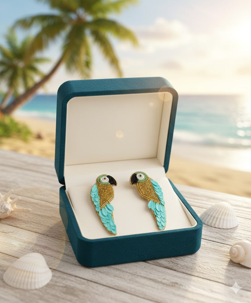 Artisan Tropical Parrot Beaded Statement Earrings – Teal & Gold Sunset Edition