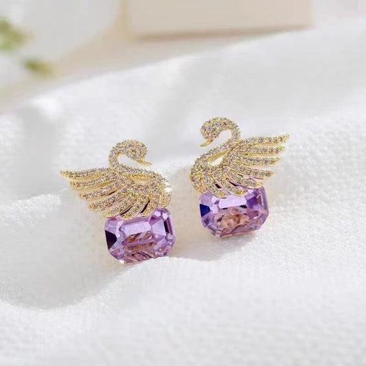 The Symbolic Gift: "Soulmate" Swan Earrings – Amethyst-Hued Crystal Jewelry for Her