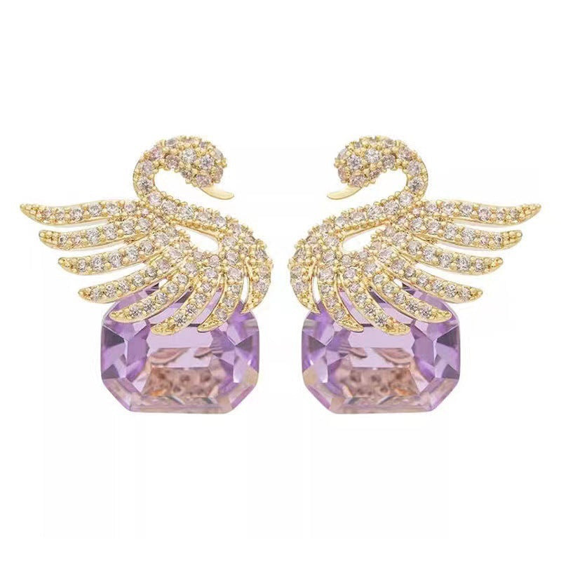 The Symbolic Gift: "Soulmate" Swan Earrings – Amethyst-Hued Crystal Jewelry for Her