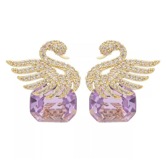 The Symbolic Gift: "Soulmate" Swan Earrings – Amethyst-Hued Crystal Jewelry for Her