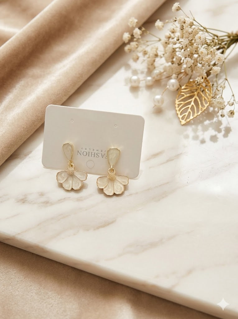 Ivory Petal & Gold Drop Earrings – Vintage-Inspired Floral Dangles