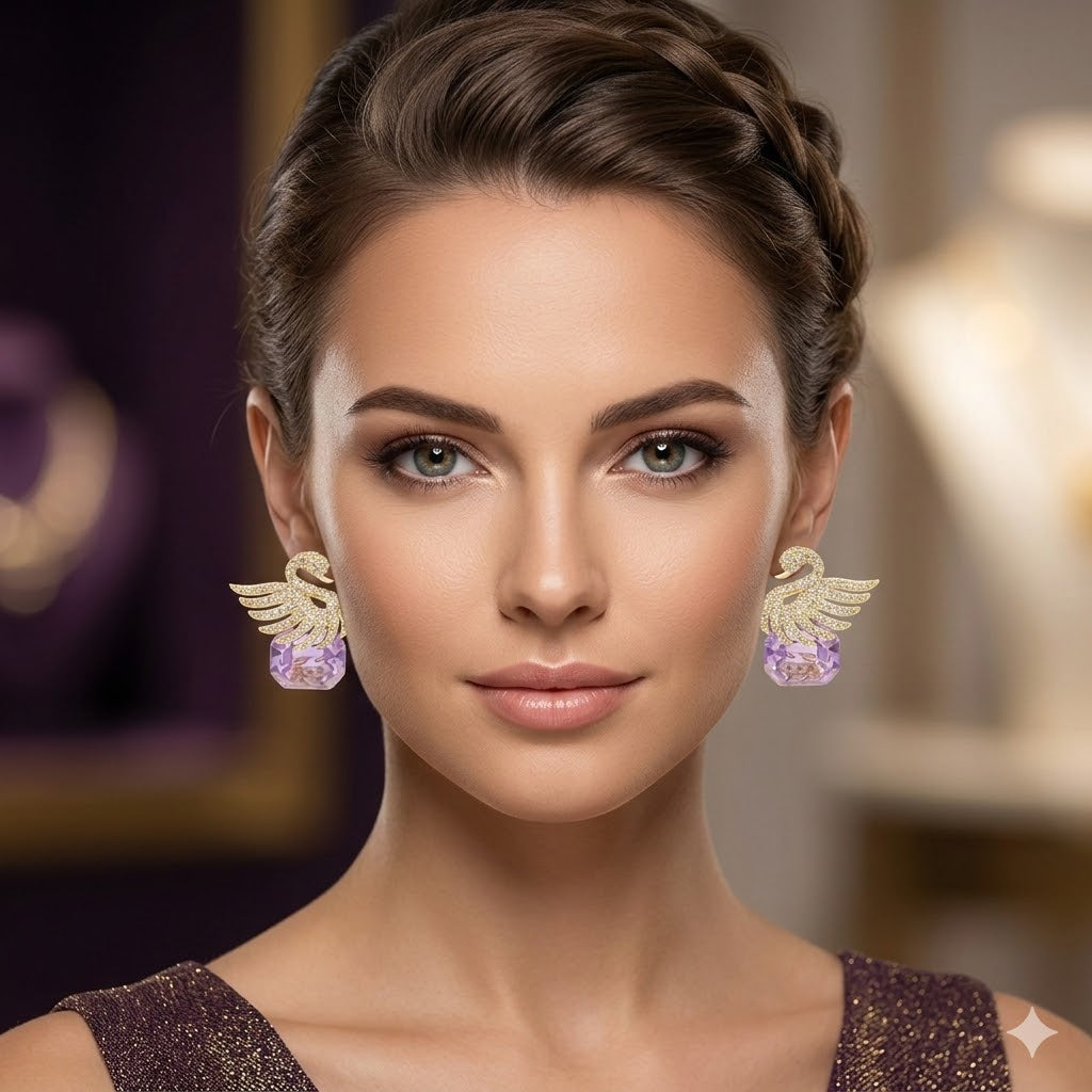 The Symbolic Gift: "Soulmate" Swan Earrings – Amethyst-Hued Crystal Jewelry for Her