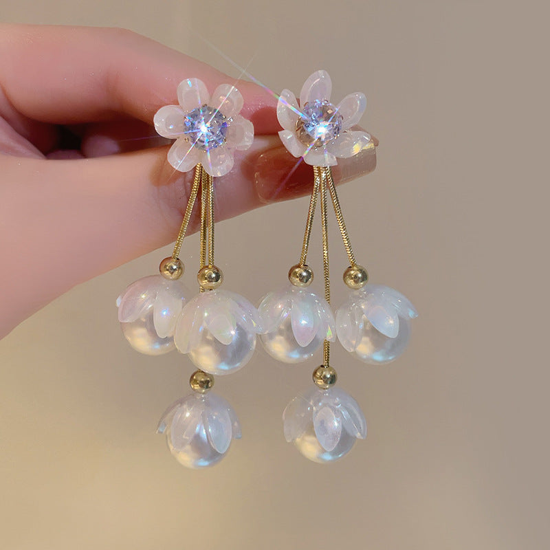 Vintage-Inspired Floral Pearl Drop Earrings – 18K Gold Plated Botanical Dangles with Teardrop Accents