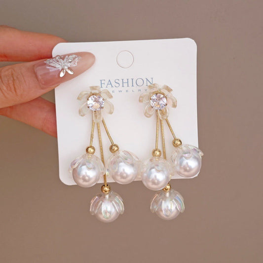 Vintage-Inspired Floral Pearl Drop Earrings – 18K Gold Plated Botanical Dangles with Teardrop Accents
