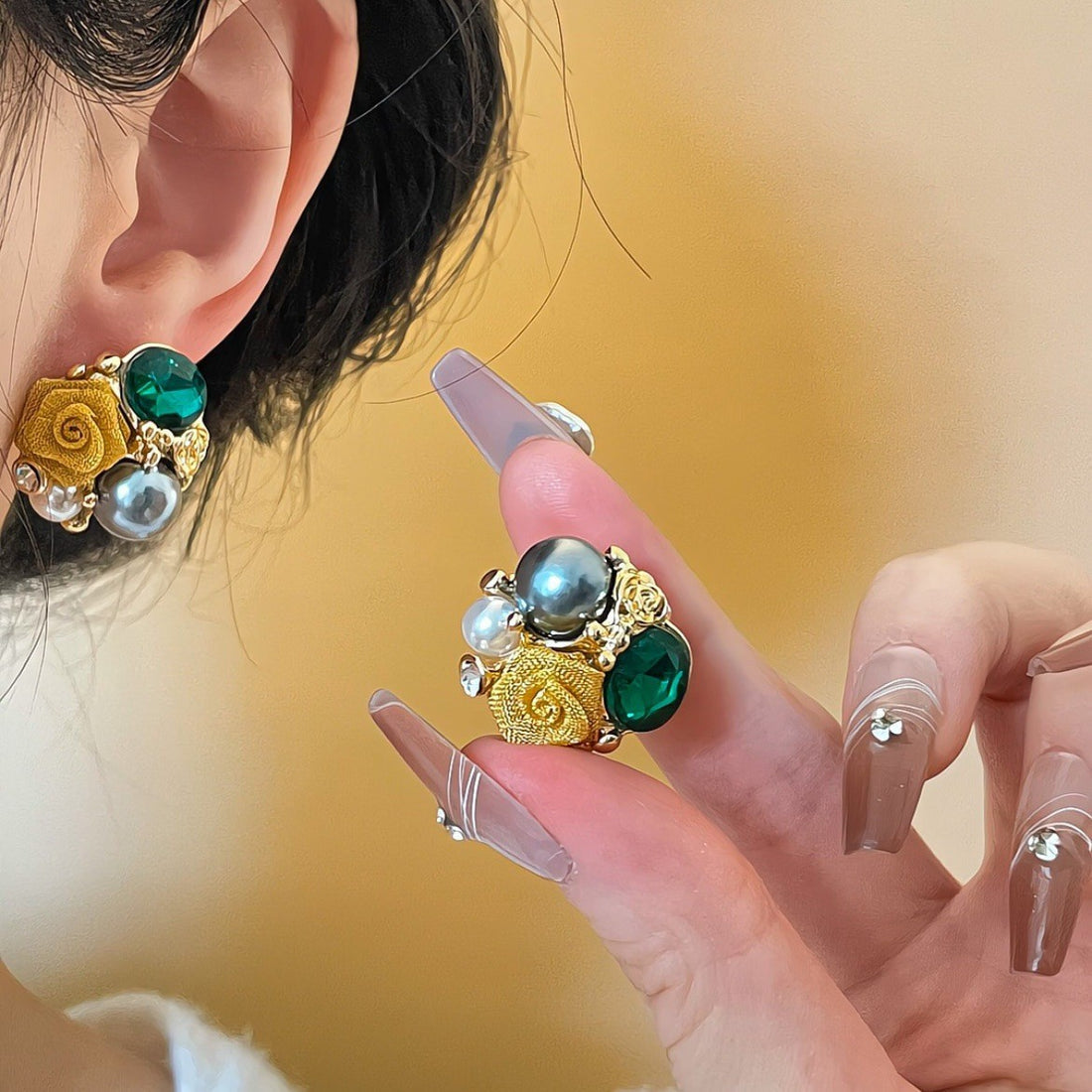 Vintage Gold Rose Stud Earrings – Emerald Green Crystal & Pearl Cluster Statement Earrings – Luxury Floral Jewelry for Women