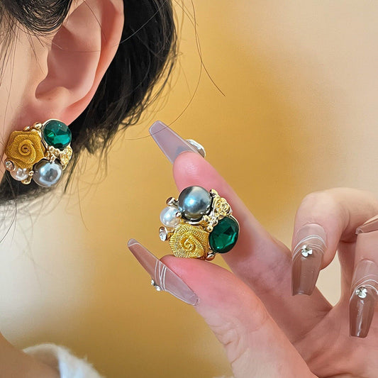 Vintage Gold Rose Stud Earrings – Emerald Green Crystal & Pearl Cluster Statement Earrings – Luxury Floral Jewelry for Women