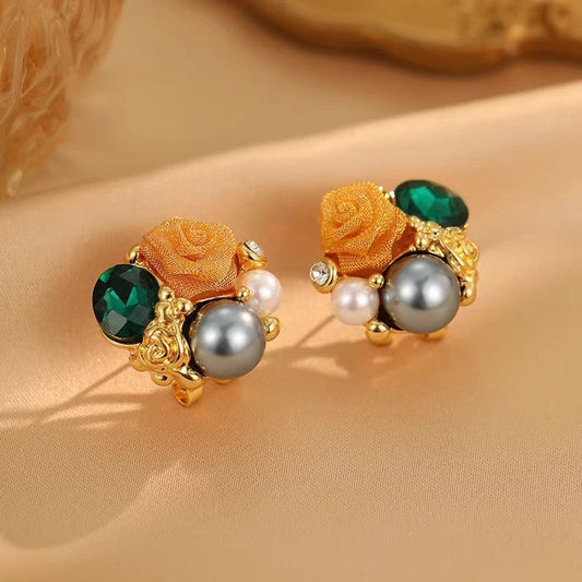 Vintage Gold Rose Stud Earrings – Emerald Green Crystal & Pearl Cluster Statement Earrings – Luxury Floral Jewelry for Women