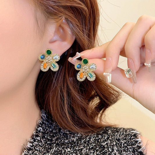 Luxury Crystal Flower Stud Earrings – Gold Multicolor Gemstone Floral Statement Earrings – Elegant Vintage Party Jewelry for Women