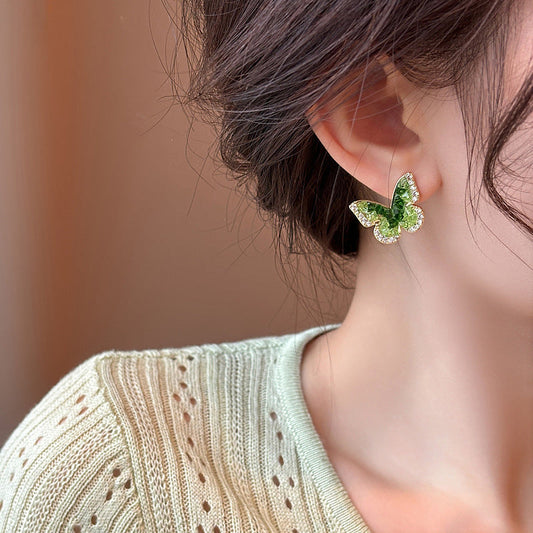 Luxury Green Crystal Butterfly Stud Earrings – Gold Pave Rhinestone Statement Earrings – Elegant Vintage Inspired Jewelry for Women