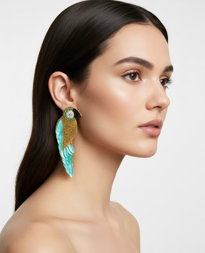 Artisan Tropical Parrot Beaded Statement Earrings – Teal & Gold Sunset Edition