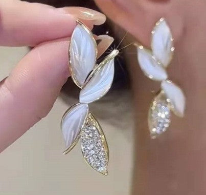 Elegant White Leaf Drop Earrings – Gold Plated Statement Party Wear Jewellery