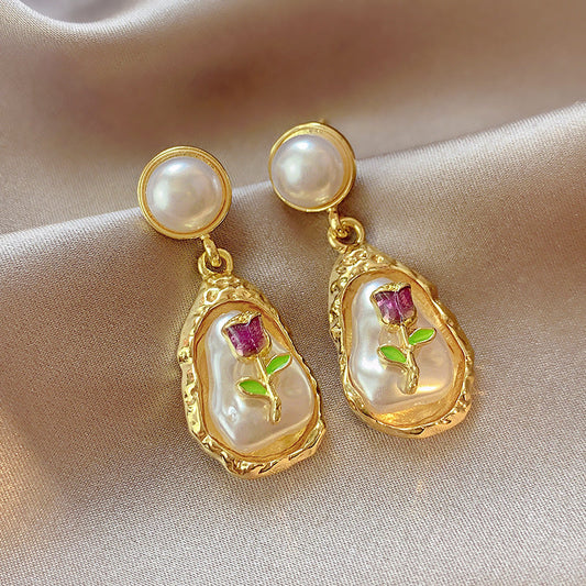 Golden Baroque Pearl Rose Drop Earrings – Elegant Floral Statement Jewellery for Women Monnet Flower Pearl Earrings