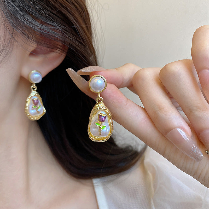Golden Baroque Pearl Rose Drop Earrings – Elegant Floral Statement Jewellery for Women Monnet Flower Pearl Earrings