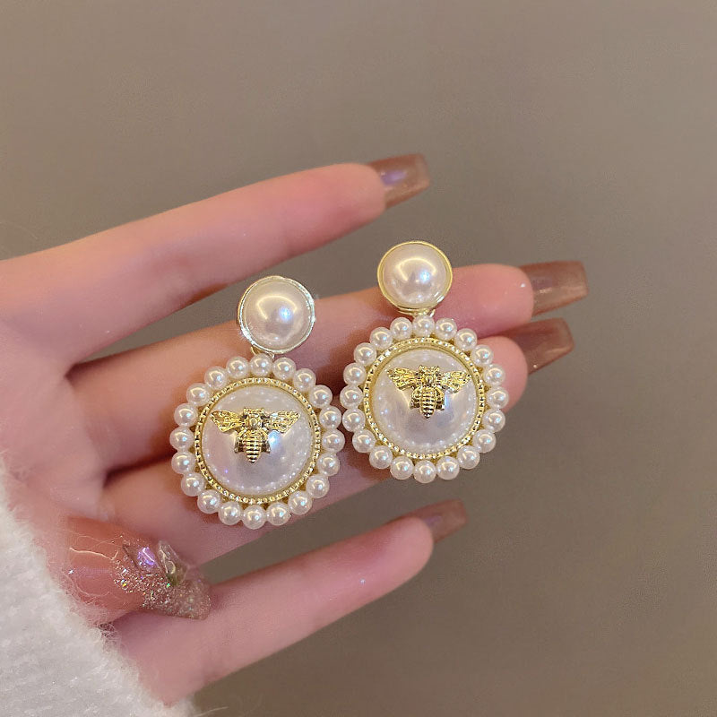Luxury Pearl Bee Stud Earrings – Gold Plated Round Statement Earrings for Women