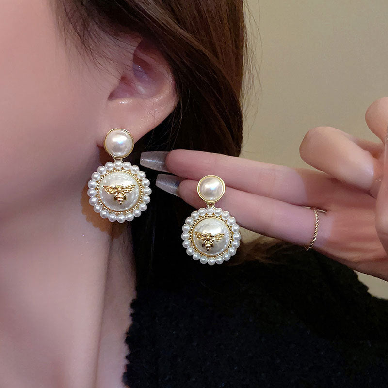 Luxury Pearl Bee Stud Earrings – Gold Plated Round Statement Earrings for Women