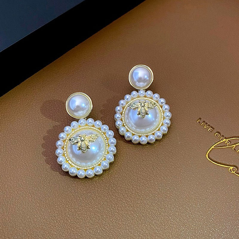 Luxury Pearl Bee Stud Earrings – Gold Plated Round Statement Earrings for Women