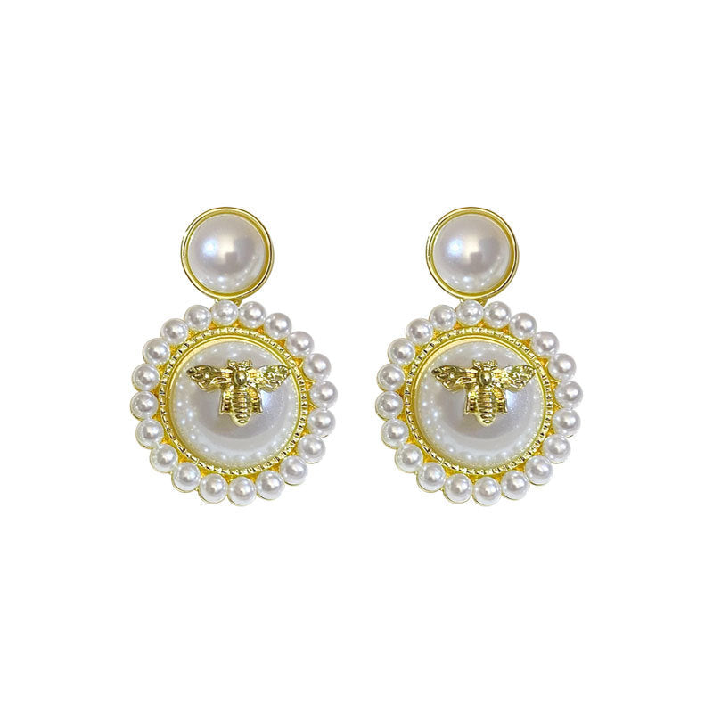 Luxury Pearl Bee Stud Earrings – Gold Plated Round Statement Earrings for Women