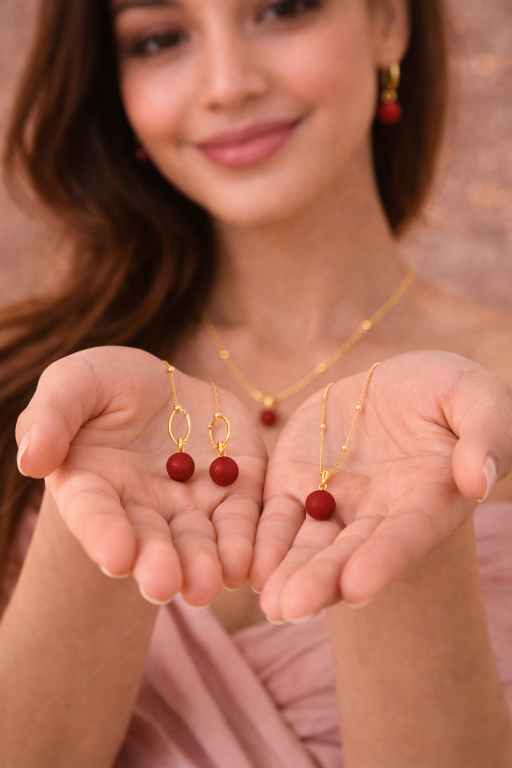 ShivAura Red Ball Pendant Necklace Set for Women – Korean Style Minimalist Jewelry | Anti Tarnish Premium Fashion Jewelry Online