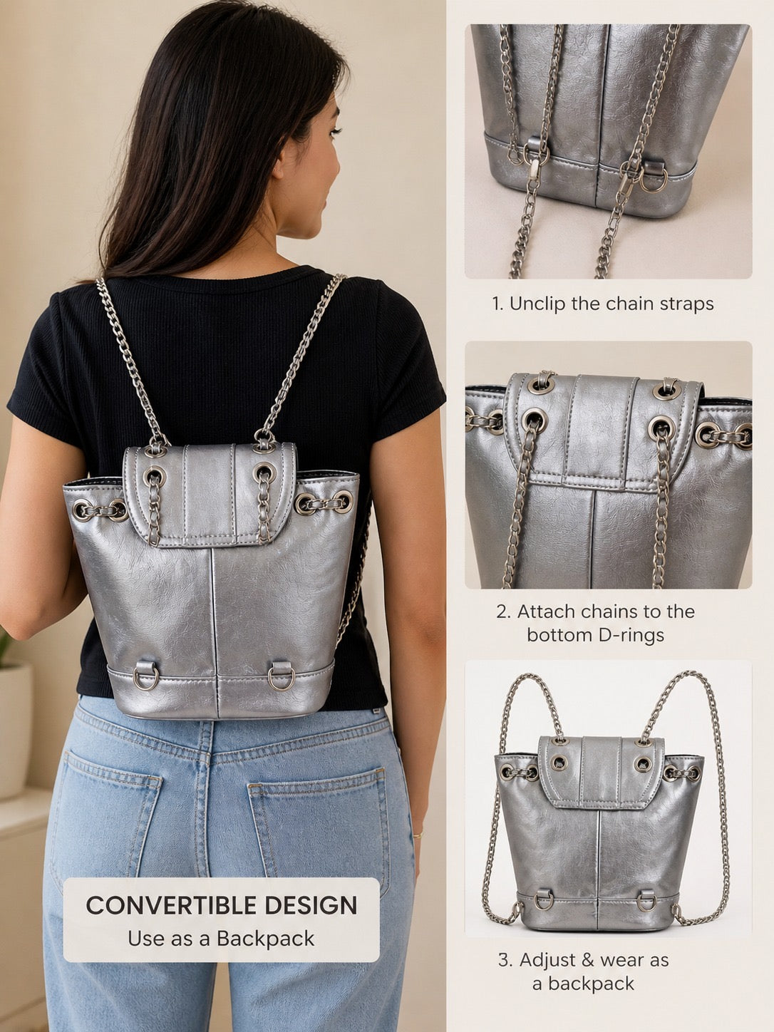 ShivAura Luxe Metallic Silver Convertible Backpack Handbag
