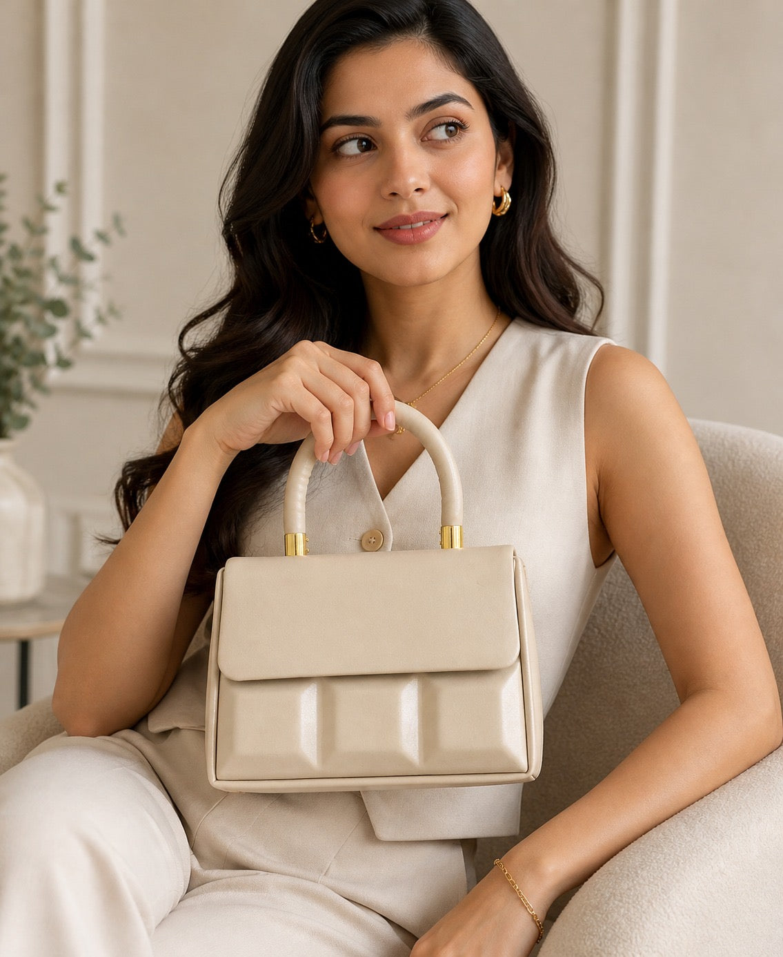 ShivAura Ivory Luxe Top Handle Handbag for Women